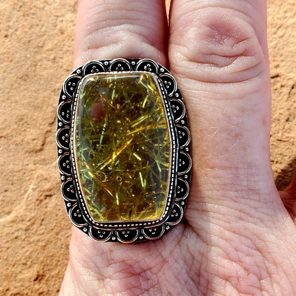 New Huge Gold Rutilated Quartz 925 Silver Ring. - Picture 1 of 12